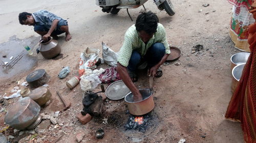 High angle view of people working