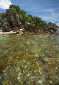 Rock formation by sea against sky