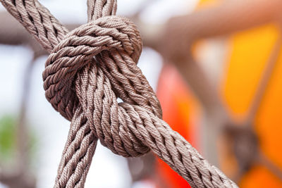 Close-up of rope tied on boat