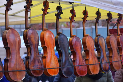 Close-up of violins at market