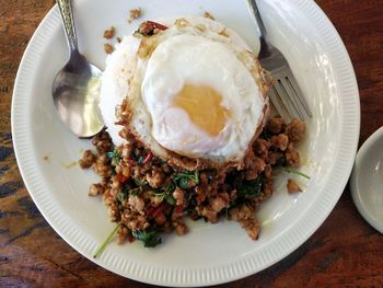 High angle view of breakfast served on table