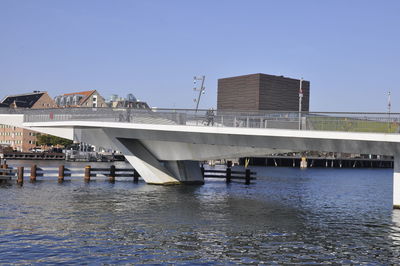 Bridge over river against clear blue sky