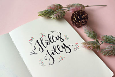 Close-up of book with text on colored background during christmas