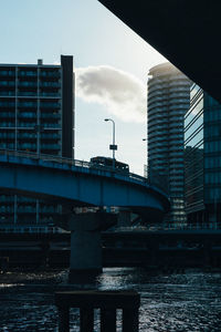 Bridge over river by buildings against sky