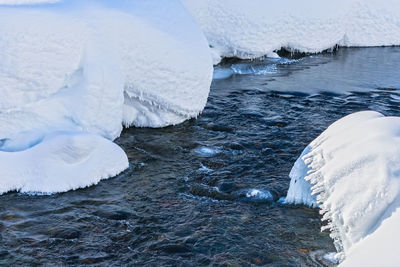 A stormy river passing through the snowdrifts