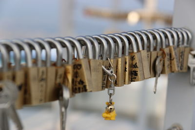 Close-up of padlocks hanging on railing