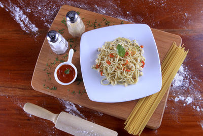 High angle view of food on table