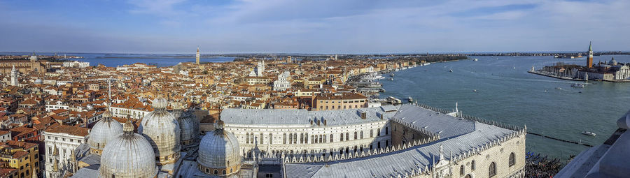 High angle view of buildings against sky