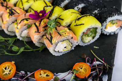 High angle view of sushi in plate