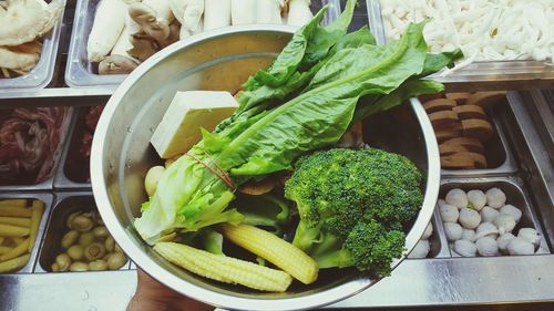 High angle view of vegetables in bowl on table