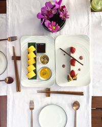 High angle view of breakfast on table