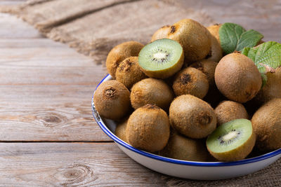 High angle view of fruits in bowl on table