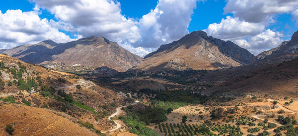 Panoramic view of mountain range against cloudy sky