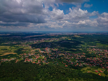 High angle shot of built structures on countryside landscape