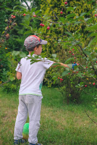 Rear view of boy standing on field