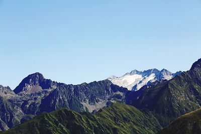 Scenic view of mountains against clear blue sky