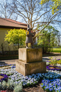 Statue of flowering plant against building