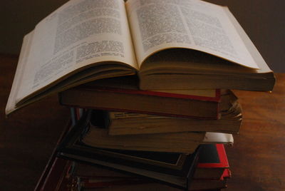 Close-up of open book on table at home