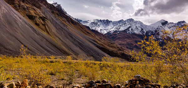 Scenic view of snowcapped mountains against sky