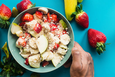 High angle view of breakfast served on table