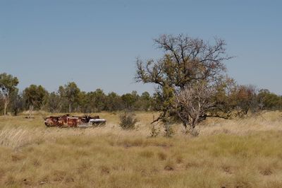 Abandoned car on field against clear sky