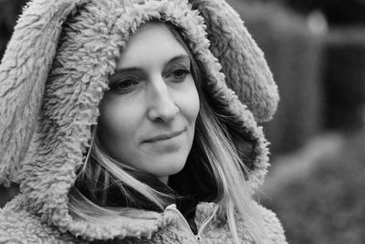 Portrait of woman wearing hat during winter