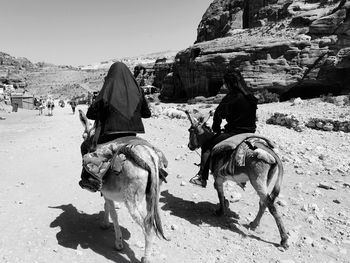 Rear view of people riding horse on sand