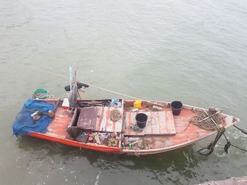 High angle view of fishing boat sailing in sea