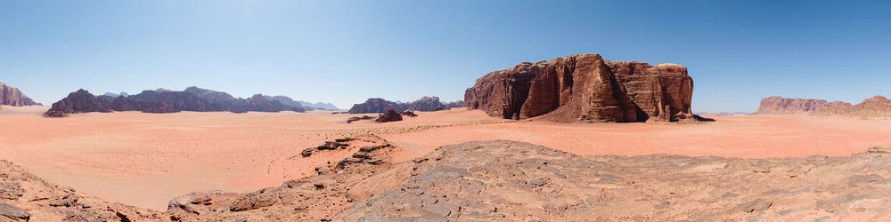 Panoramic view of rocks on landscape against clear blue sky