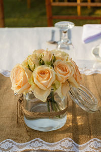 High angle view of rose on table