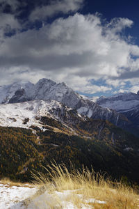 Scenic view of mountains against sky during winter