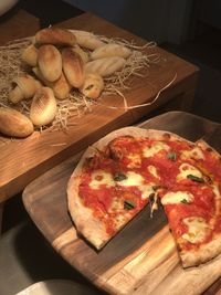 High angle view of pizza on table