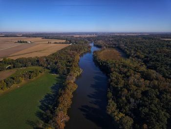 High angle view of land against clear sky