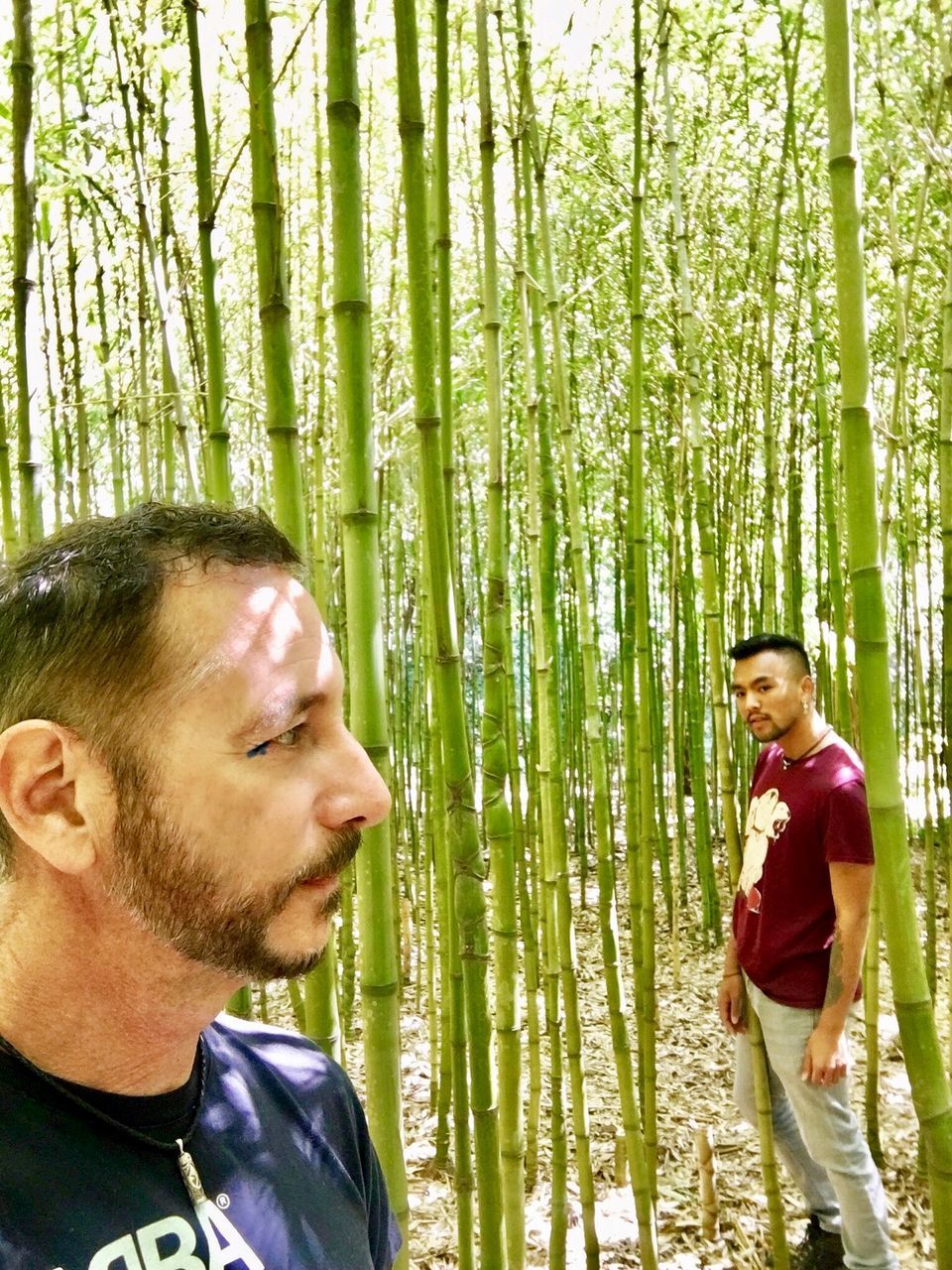 SIDE VIEW OF A YOUNG MAN STANDING IN FOREST