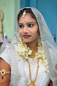 Close-up of bride during wedding ceremony