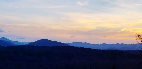 Scenic view of silhouette mountains against sky at sunset