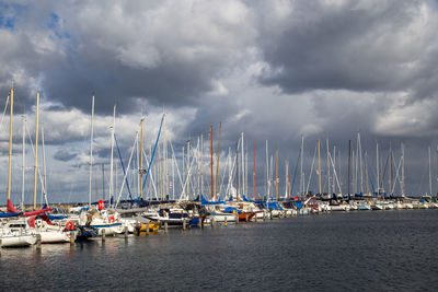 Boats moored at harbor