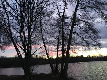 Bare trees by lake against sky during sunset