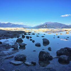 Scenic view of lake against blue sky