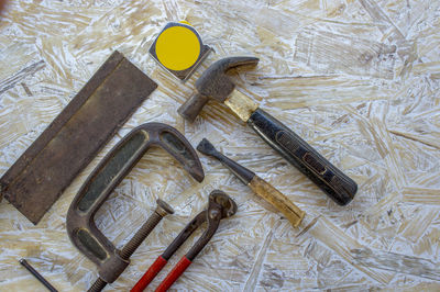 High angle view of work tools on table