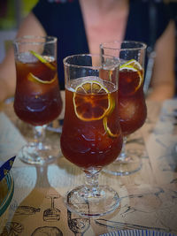 Close-up of wine glasses on table