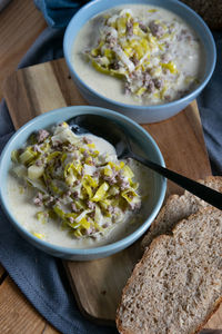 High angle view of food in bowl on table