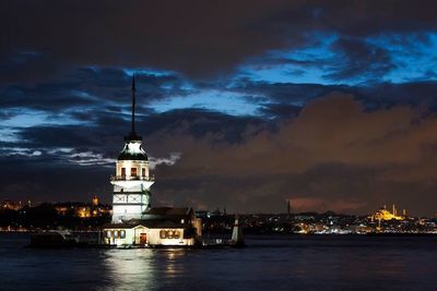 Illuminated buildings against cloudy sky