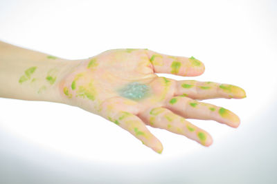 Close-up of woman hand against white background