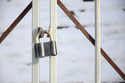 Close-up of padlock on gate