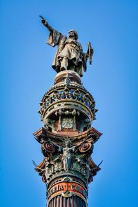 Low angle view of statue against clear blue sky
