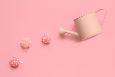 High angle view of pink watering can