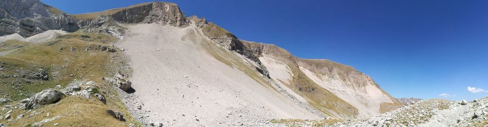 Low angle view of mountains against clear blue sky