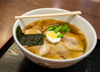 High angle view of soup in bowl on table