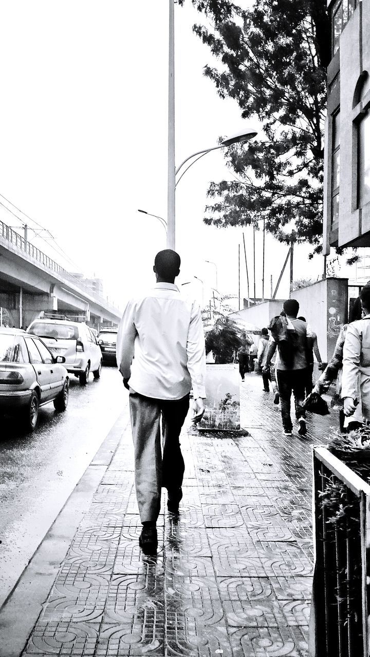 rear view, full length, building exterior, men, walking, lifestyles, architecture, built structure, street, transportation, city, person, the way forward, city life, leisure activity, casual clothing, cobblestone, sidewalk